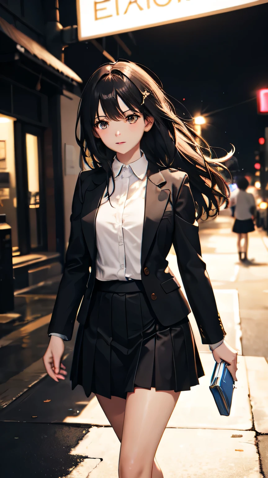High resolution,night,One beautiful girl,walk,Brown blazer,Her hair sways in the wind,The skirt sways lightly,Side Lighting,Painting,Make her bigger