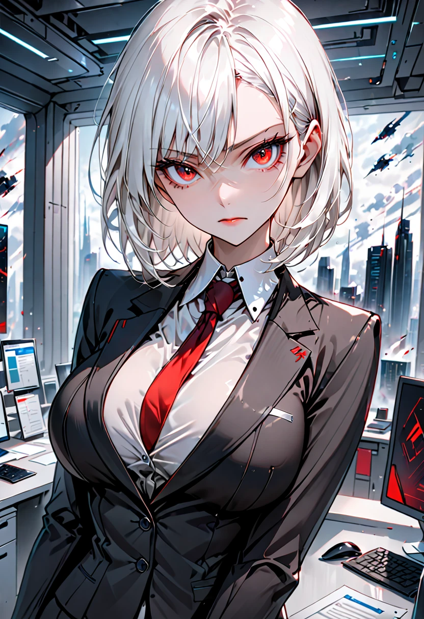 solo female, short white hair, red eyes, stern expression, large breasts, female ceo, office, futuristic, simple elegance, elegant clothes, conservative business suit