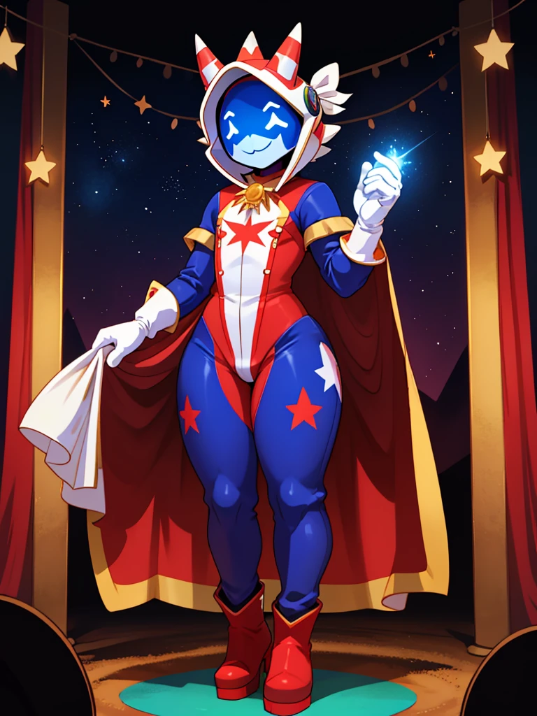 ((crossdresser)), (((1boy)))), (((solo))), ((((alone)))), ((long dark brown hair)), (((fully enclosed smiling white jester helmet))), ((blue glowing eyes)), ((jester hat)), (((faceless))), (((no face))), (((hidden face))), ((((brown skin)))), wide hips, narrow waist, thick thighs, standing in a circus tent, ((flat chest)), (((full body skin tight colourful(white blue red) jester suit with star decals))), (red boots), ((white gloves)), ((tall))