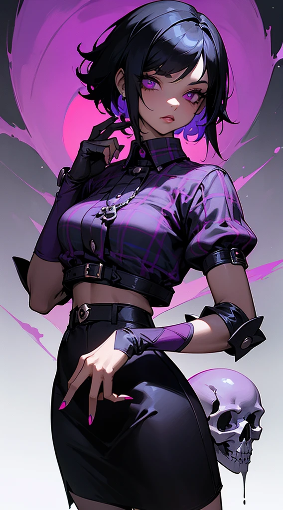 a woman with short black hair, cabelo nos ombros, black skin color, wearing a black cropped and plaid skirt, purple eyes, gothic art, cute aesthetic with vibrancy, cartoon aesthetic, wearing black costume, using gothic accessories, looks like Cassie Hack, trunk, holding a skull in his hand, horror background