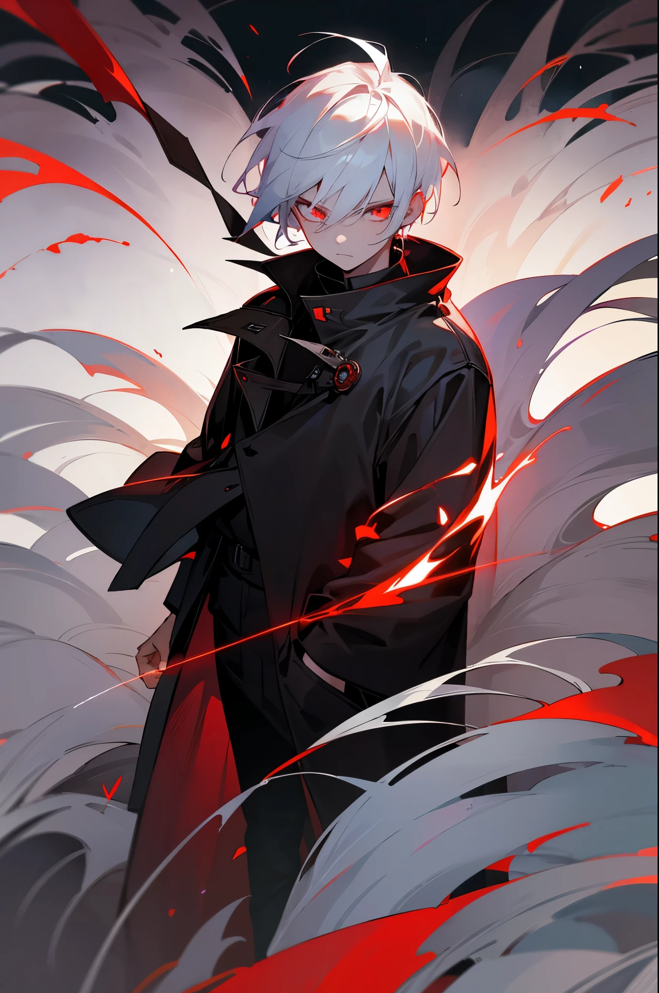1 boy, white hair, night flower field, dark red glowing eyes, black coat, hands in pockets, gloomy face,