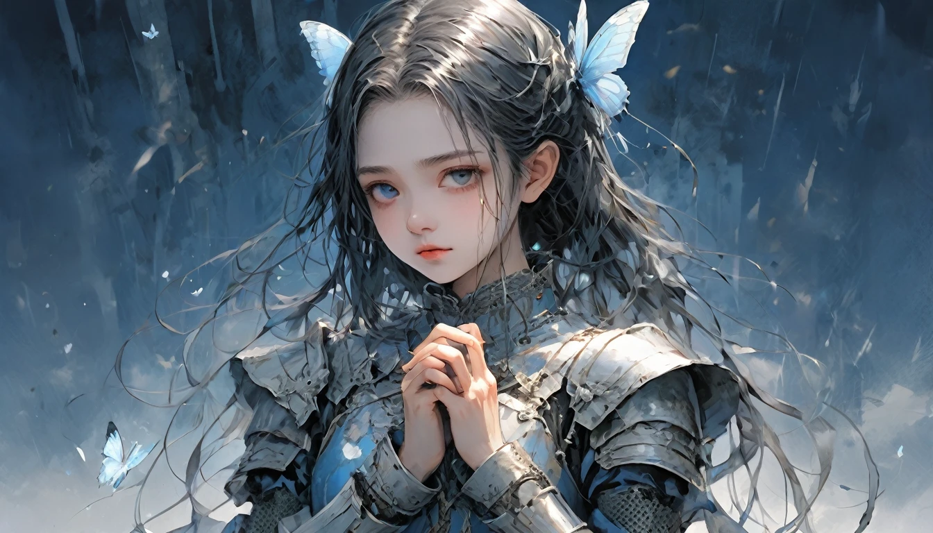 rain、right ,prayer, 　middle ages　Europe, きれいな女knight, Sad look, Faded elegance,　Waiting for the return , rainに打たれながら祈る , A poignant atmosphere, Lost Beauty, Melancholic mood, Fascinating, Eternal Sadness, Contrasting, Delicate Decay,Line art,Backlight,Wind,Backlight,Stardust,(Wind:1.2),knight,Blue Blood, Fire and butterfly , Fingers are both methods５Book, Woman warrior,A heartbreaking war story,Field