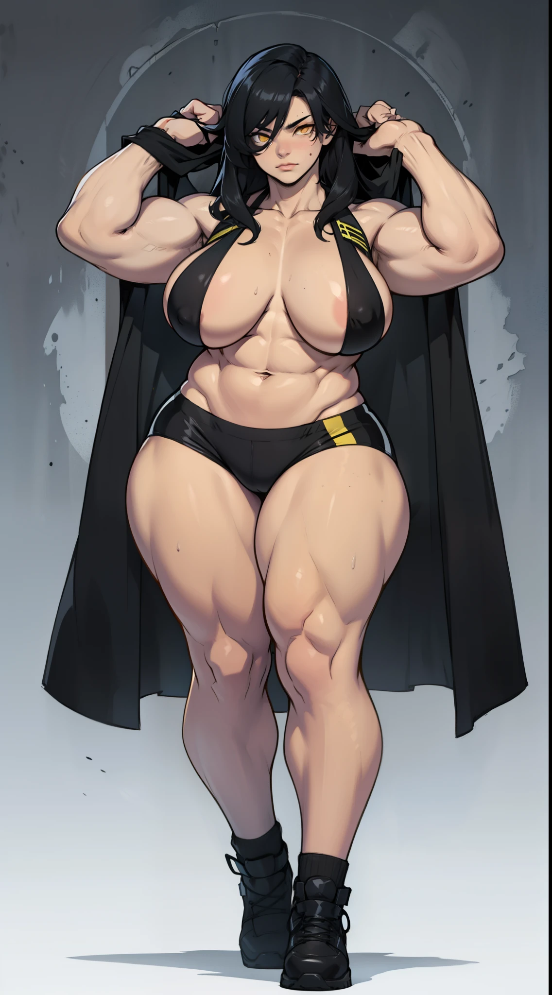 girl huge muscles brests huge thighs breasts black hair yellow eyes pale full body