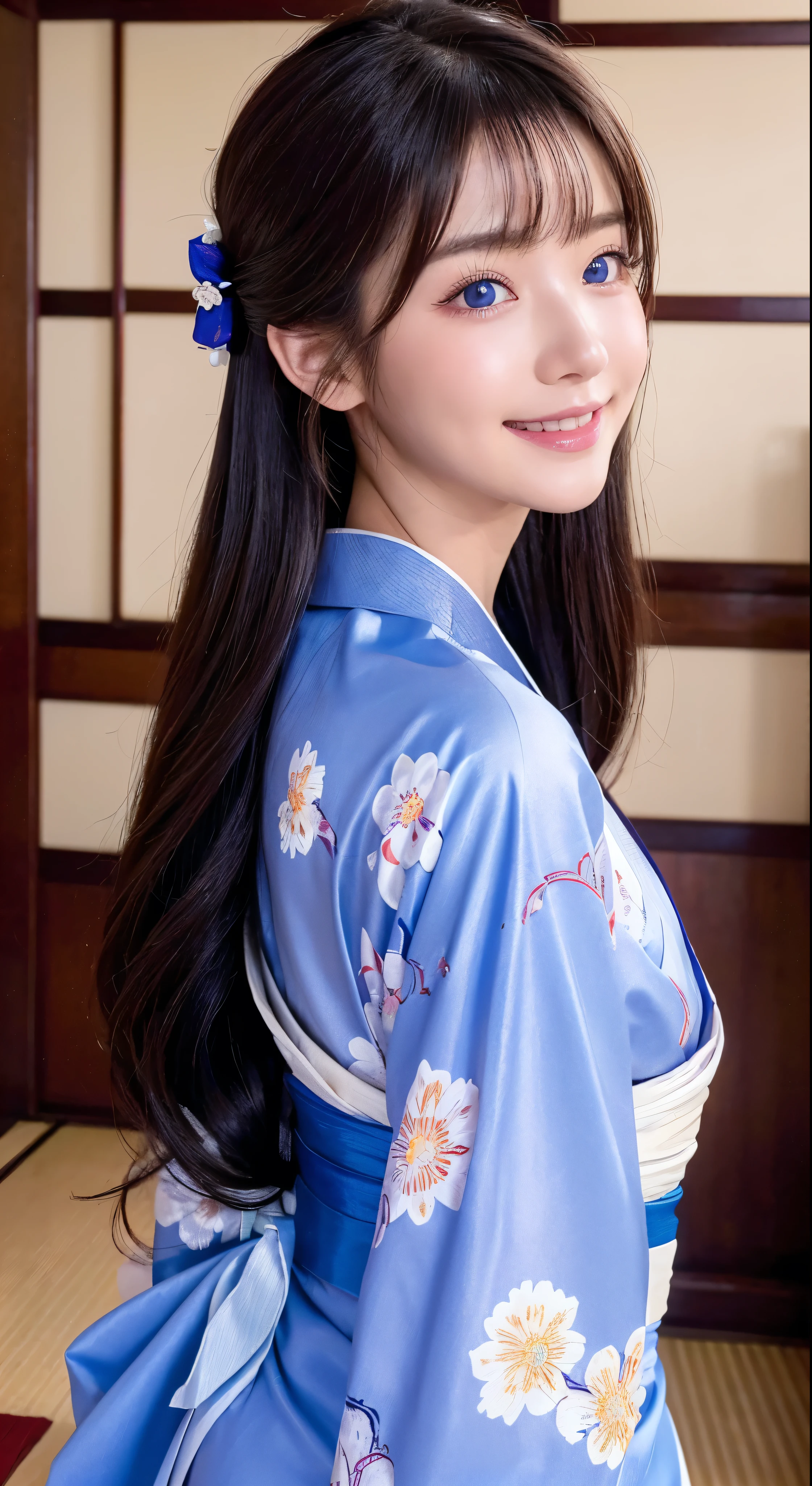 Aster piece in high definition image、Highest quality、16K、 Accurate kimono dressing in a Japanese-style room、One person、Captivating beautiful face smile、White floral kimono、Blue obi kimono、Brown hair cascading down her back、His blue eyes sparkle with admiration.、Her long hair looks sweet，High quality images of the whole body。Facial details