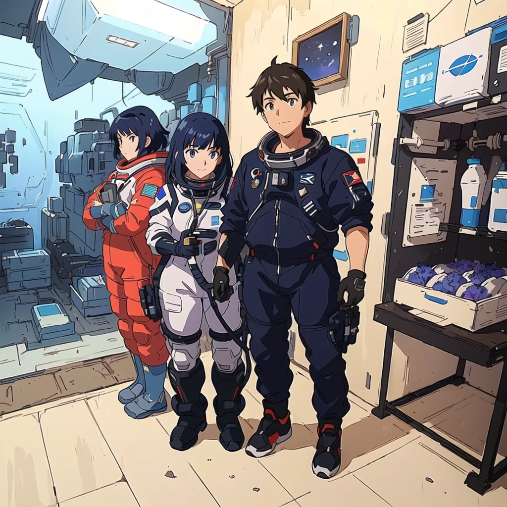 arafed image of a couple of people standing in a room, modern sci-fi anime, moebius and makoto shinkai, sci-fi anime, wear spacesuits, sci fi anime, makoto shinkai and bioware, portrait anime space cadet girl, spacesuit, space pressurized suit, planetes, astronauts, modern space suit(masterpiece, best quality, ultra-detailed:1.3), 1girl, arms behind head, (smile:0.5) edgPetal, a woman wearing a black dress made of flower petals, wearing edgPetal, garden background, dimly lit BREAK (long blonde hair), mid parted hair