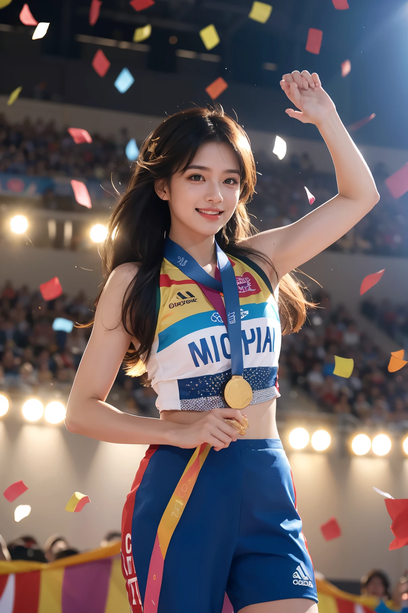a woman in a victorious pose on a podium, gold medal, waving hands, confetti, cheering crowd, dynamic action, dramatic lighting, cinematic composition, highly detailed, photorealistic, 8k, masterpiece