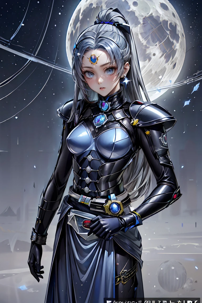 ((Highest quality)),(超High resolution),(Very detailed),(Detailed Description),((The best CG)),(masterpiece),Ultra-detailed art、(Highest quality、8k、32K、masterpiece)、(Realistic)、(Realistic:1.2)、(High resolution)、Very detailed、Very beautiful face and eyes、1 female、Tight waist、Big Breasts、Delicate body、(Highest quality、Attention to detail、Rich skin detail)、(Highest quality、8k、Oil paints:1.2)、Very detailed、(Realistic、Realistic:1.37)、Bright colors、name: Kamen Rider Selene Gender: Female Age: Age 25 Occupation: Astronomer and hero appearance height: 170 cm Body Type: Slim and muscular Hair color: Silver blonde hairstyle: Long Hair、ponytail
Eye color: Deep blue
【【costume suit design:
Color: ((Metallic blue and silver as the base color、The design is dotted with star patterns reminiscent of the night sky.:1.3))。
Helmet: On a silver base、Blue visor。The visor is decorated with a moon shape.。
armor: Made from lightweight titanium alloy、Emphasis on ease of movement。Streamlined protectors on shoulders and knees。
Boots and gloves: Boots are knee-high、Gloves up to the elbow。Both are silver、There is a blue line。
Weapons and Equipment Main Weapon:
name: Lunar Blade Design: Moon-shaped sword、Features shiny edges。The handle is decorated with stars。
Secondary Weapon:
name: Stardust Shooter Design: A small light gun、Fires star-shaped energy bullets。
((Transformation Belt:
name: Selene driver design: Silver and blue belt、The moon and star emblem shines in the center.:1.6))。The emblem lights up when transforming.、Star effect appears。】】