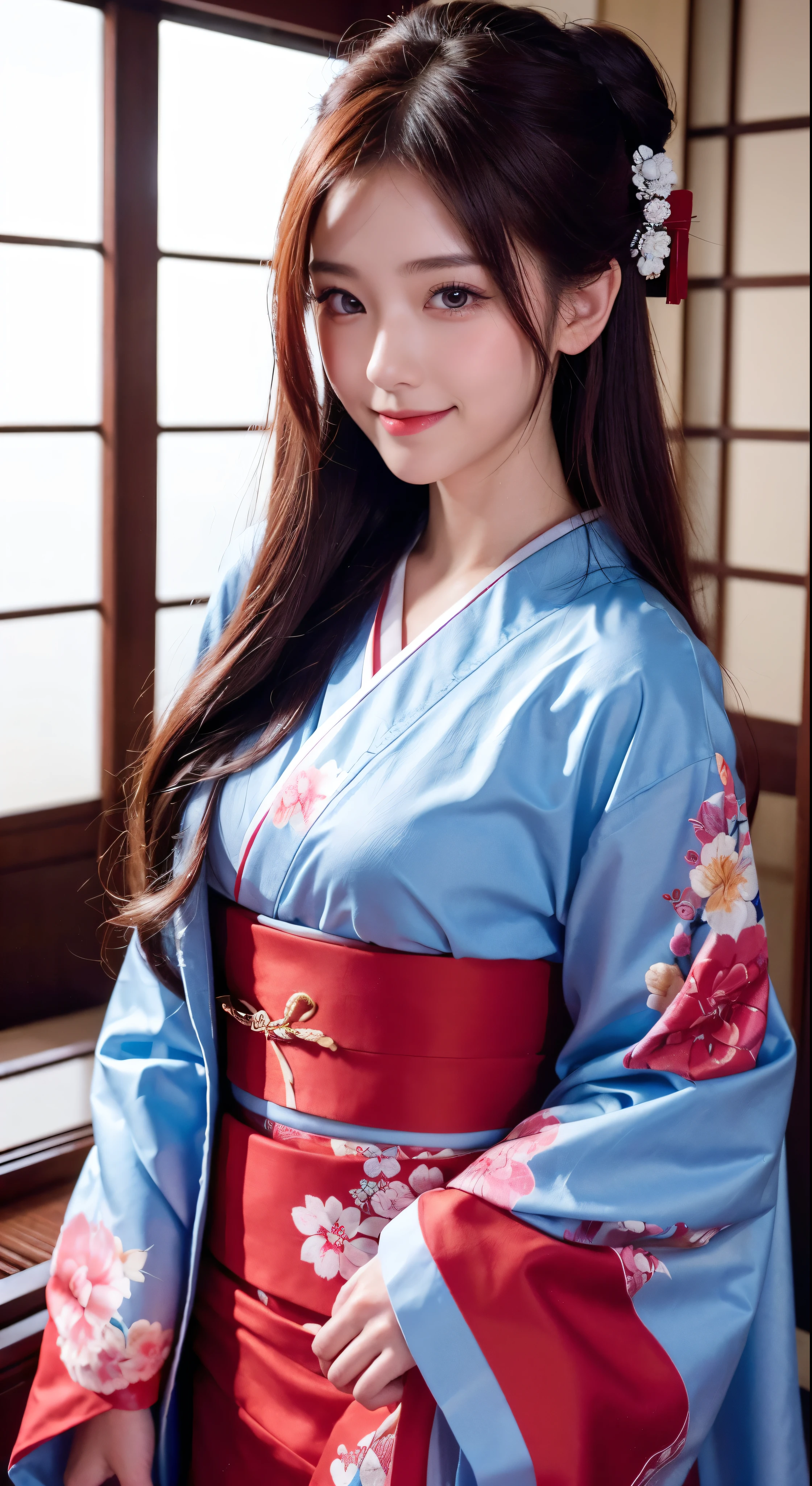 Aster piece in high definition image、Highest quality、16K、 Accurate kimono dressing in a Japanese-style room、One person、Captivating beautiful face smile、　Red floral kimono、Blue obi kimono、Brown hair cascading down her back、His eyes sparkle with admiration.、Her long hair looks sweet，High quality images of the whole body。Facial details
