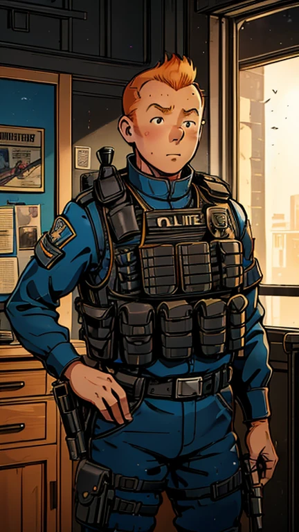 (Teens:1man: Tintin), (extremely detailed CG unit 8k wallpaper),(master part), (best quality), (ultra detali), (best illustration),(ruanyi0299,belt,bulletproof vest,police uniform), cowboy shot, (Sharp eyeliner, ombre, detailed eyes:1),Dark Police station interiors background, ,break , upper body, short hair, orange hair