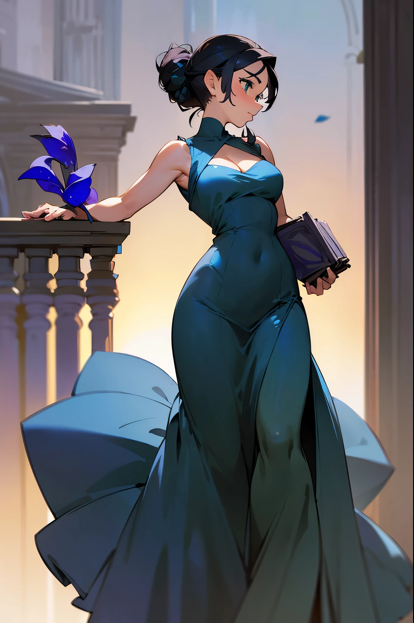 Extremely busty brunette photographer, college girl, fair skin, green eyes, loose updo, (((large nose))), soft face, athletic,, dark blue dress, tight blue dress, long dress, off-shoulder, strapless, ((sleeveless)), cleavage, balcony, nighttime, (((Balsamique)))