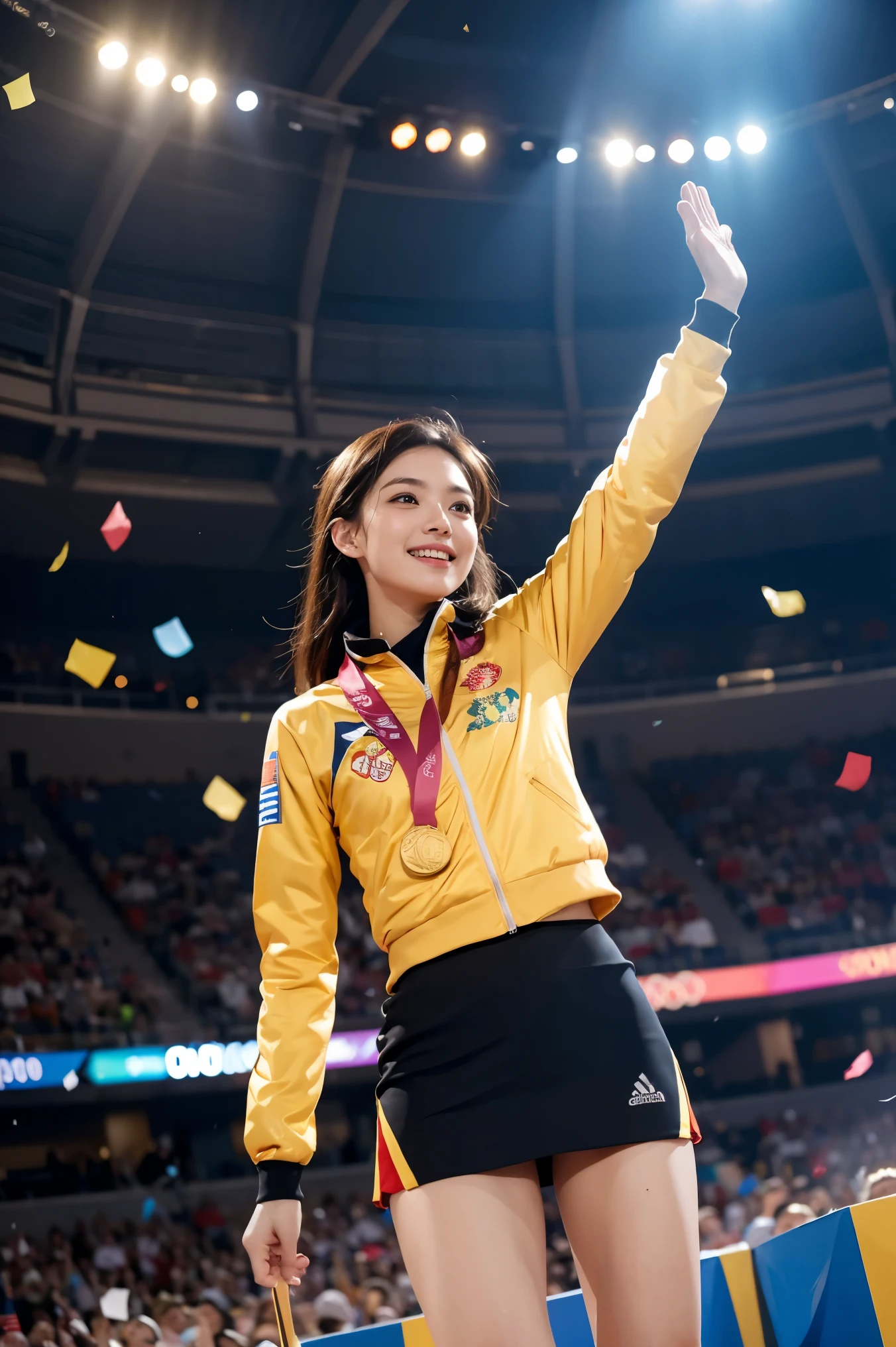 a woman in a victorious pose on a podium, gold medal, waving hands, confetti, cheering crowd, dynamic action, dramatic lighting, cinematic composition, highly detailed, photorealistic, 8k, masterpiece
