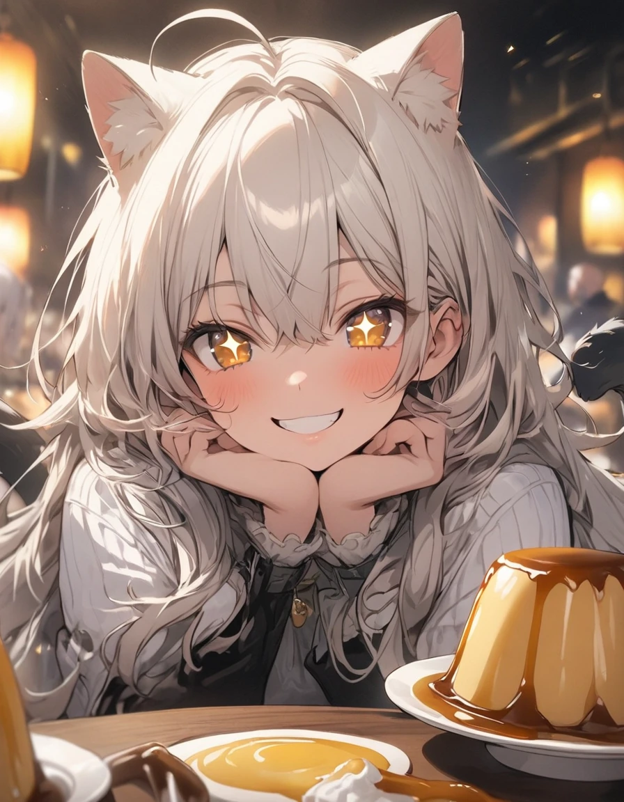 masterpiece、girl、White Hair、Long Hair、Sparkling eyes、Cat ear、smile、(((Big caramel sauce Pudding)))、Focus on the face

INFO
