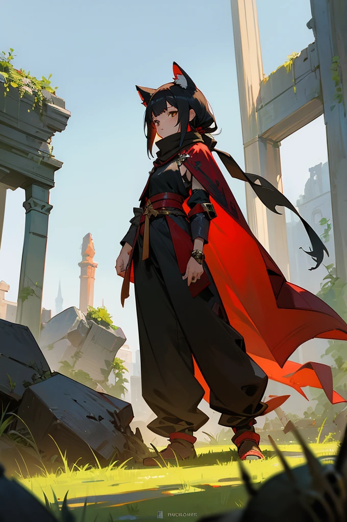 Masterpiece, best quality, ruins, crack, rubble, moss, grass, light amber eyes, solo, standing, guilmon, red body, tail, anthro, black tattoo,full armore, pants, tunic, medium breas, cloak, scarf, warior, knight, 1girl