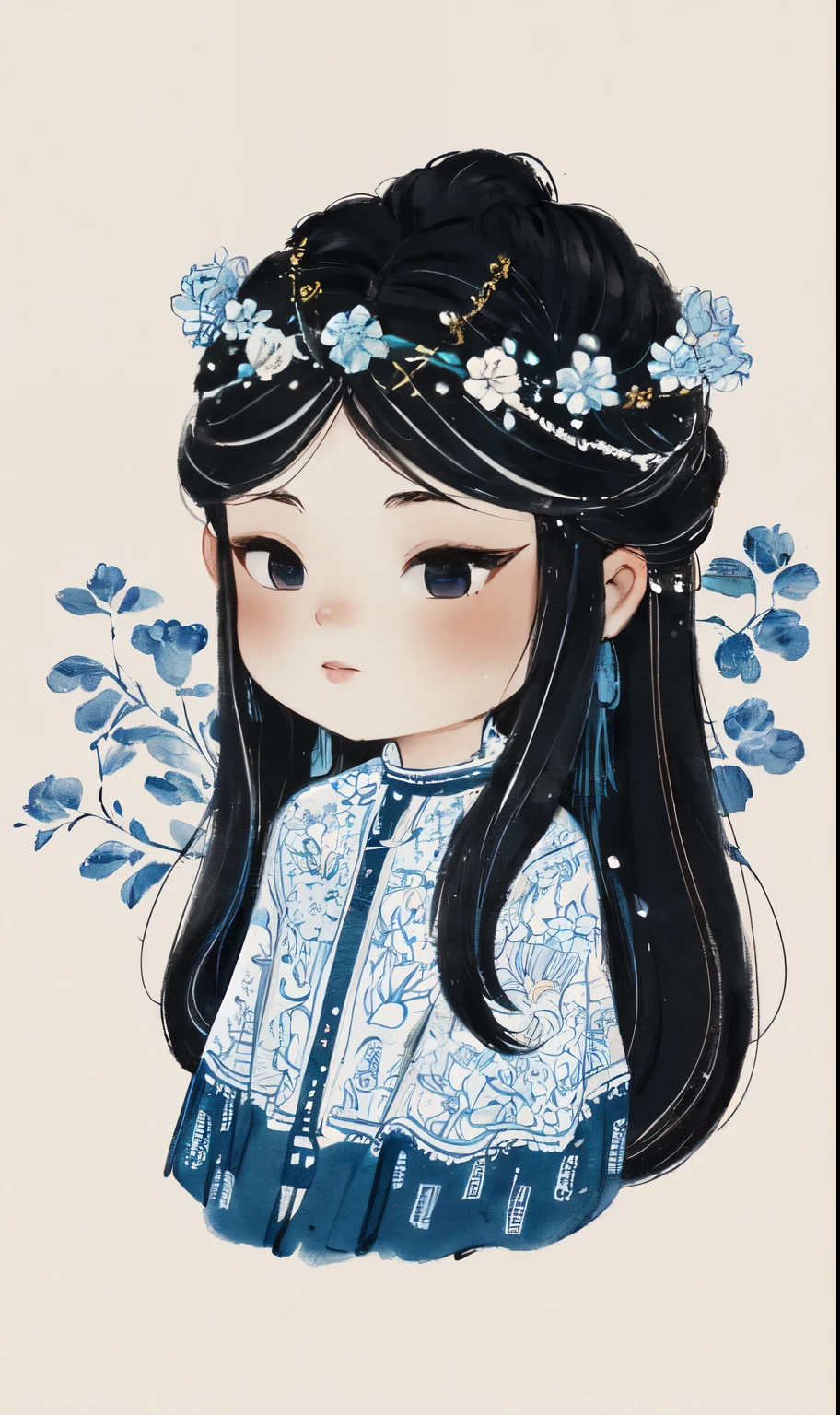 chibi ink painting, 1girl,black eyes,long hair,super precise depiction, (flowers),multiple colors,high definition,Rich in intricate details,((masterpiece)), ((best quality)), 8k, high detailed, ultra-detailed, sharper lines , white background,dark blue color tones,