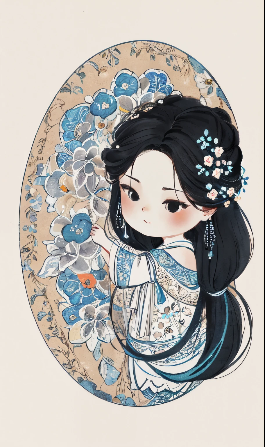 chibi ink painting, 1girl,black eyes,long hair,super precise depiction, (flowers),multiple colors,high definition,Rich in intricate details,((masterpiece)), ((best quality)), 8k, high detailed, ultra-detailed, sharper lines , white background,dark blue color tones,