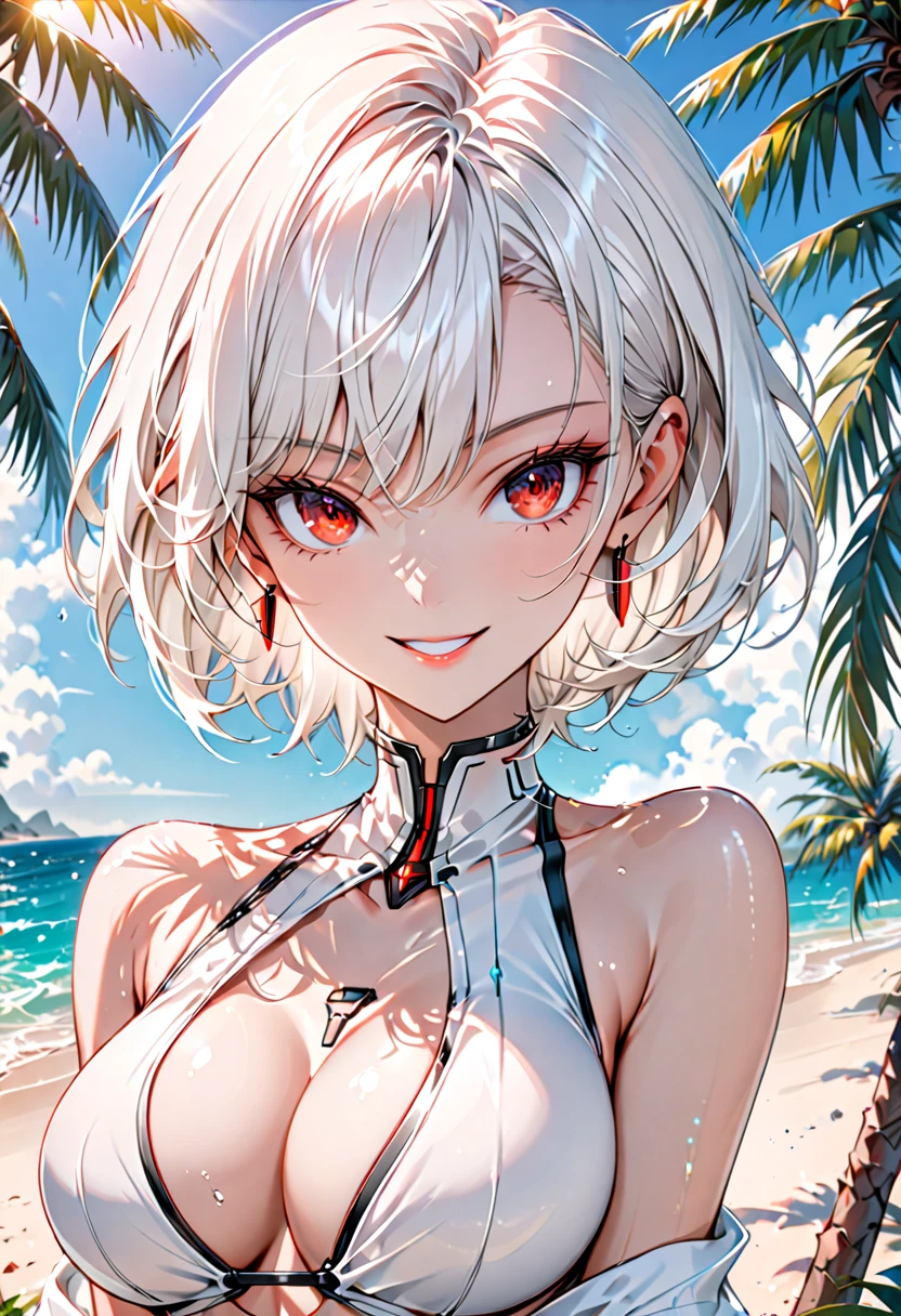 solo female, short white hair, red eyes, large breasts, female ceo, futuristic, simple elegance, elegant clothes, beach, swimsuit, sunny, small smile, palm tree, close up, jewelry