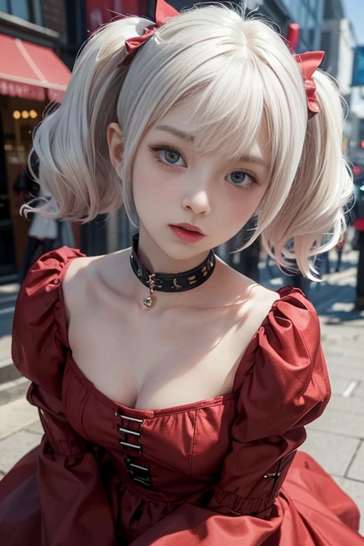 Short white hair, blush, Princess、Punk Fashion、Headbang 2.、Red clothes、Twin tails、sharp、The background is the city、