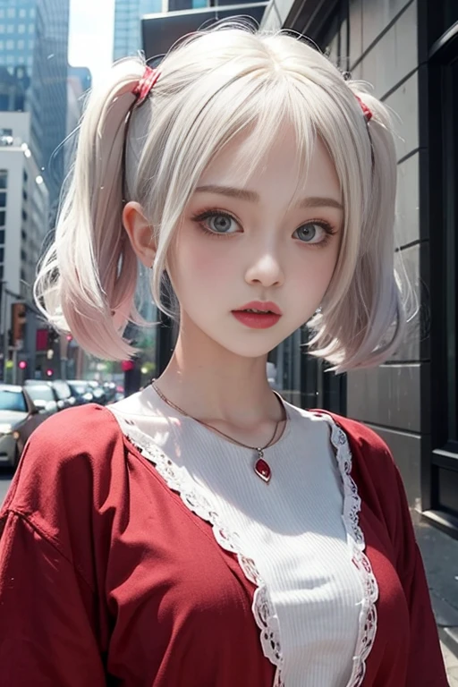 Short white hair, blush, Princess、Punk Fashion、Headbang 2.、Red clothes、Twin tails、sharp、The background is the city、