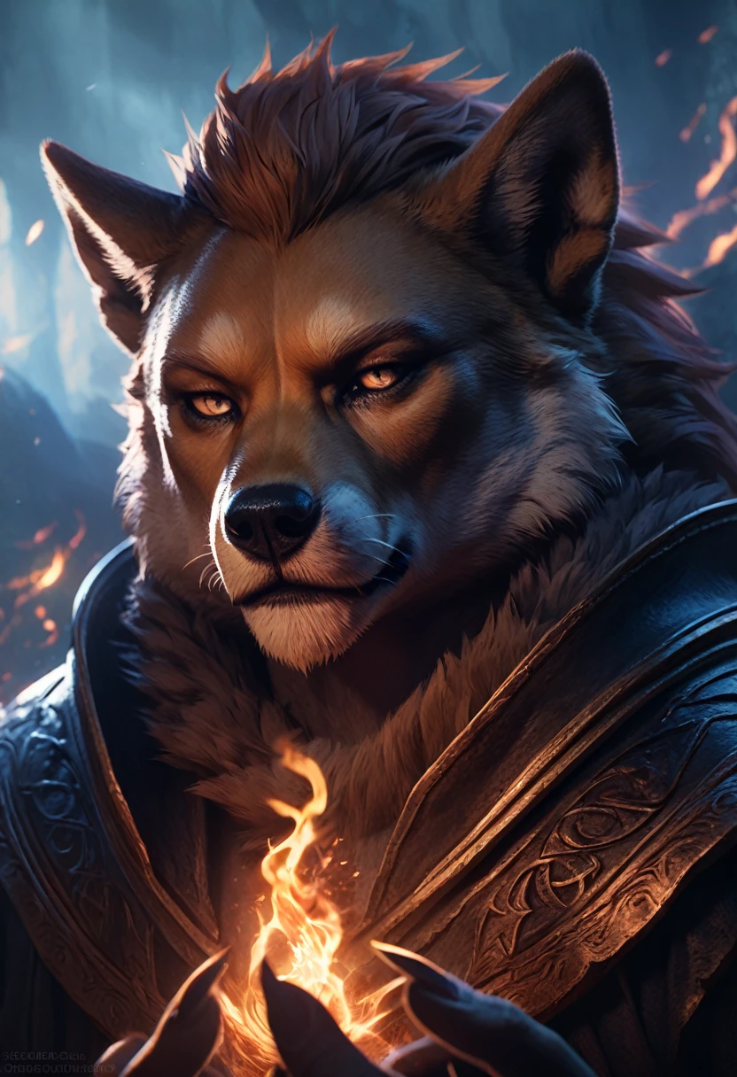 a shiba inu beastman with dark magic abilities,smoldering eyes,detailed facial features,bestfriend and boyfriend,dramatic lighting,dark fantasy,cinematic,moody colors,dark magic effects,ultra-detailed,8k,photorealistic,dramatic atmosphere,fantasy art