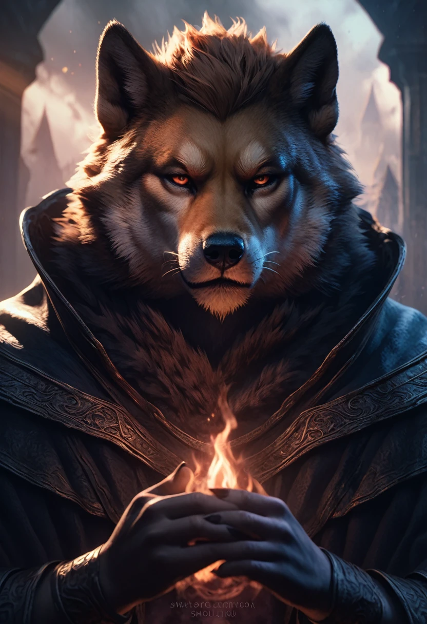 a shiba inu beastman with dark magic abilities,smoldering eyes,detailed facial features,bestfriend and boyfriend,dramatic lighting,dark fantasy,cinematic,moody colors,dark magic effects,ultra-detailed,8k,photorealistic,dramatic atmosphere,fantasy art