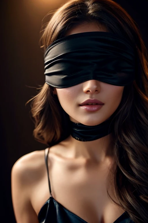 beautiful woman, young, beautiful hair, blindfolded, cloth covering her eyes, realistic woman with full lips, sexy face, dark background, sexy ,with eyes covered by a satin blindfold