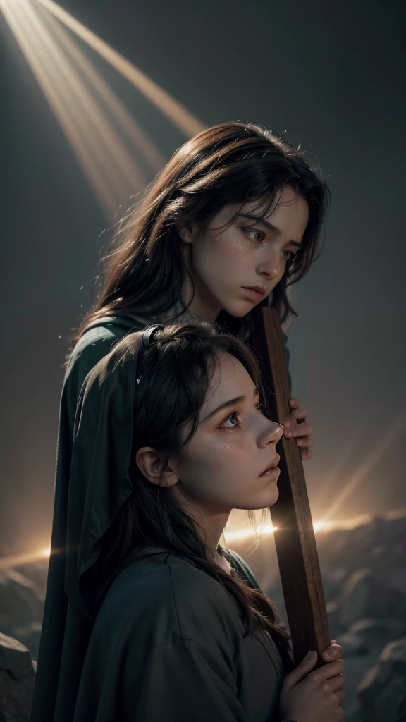 Create a Disney-style 3D animated illustration of the crucifixion of Jesus, based on the Bible. Depict Jesus on the cross, surrounded by a somber yet respectful atmosphere. Show Him with a serene expression, reflecting His sacrifice and love. The scene should include Roman soldiers, mournful followers, and a dramatic sky with dark clouds and a beam of light shining through, symbolizing divine presence. Use muted, somber colors with contrasting light effects to convey the gravity and significance of the event, while maintaining a respectful and heartfelt tone. Capture the emotional depth and the sense of sacrifice in this pivotal moment of the story.