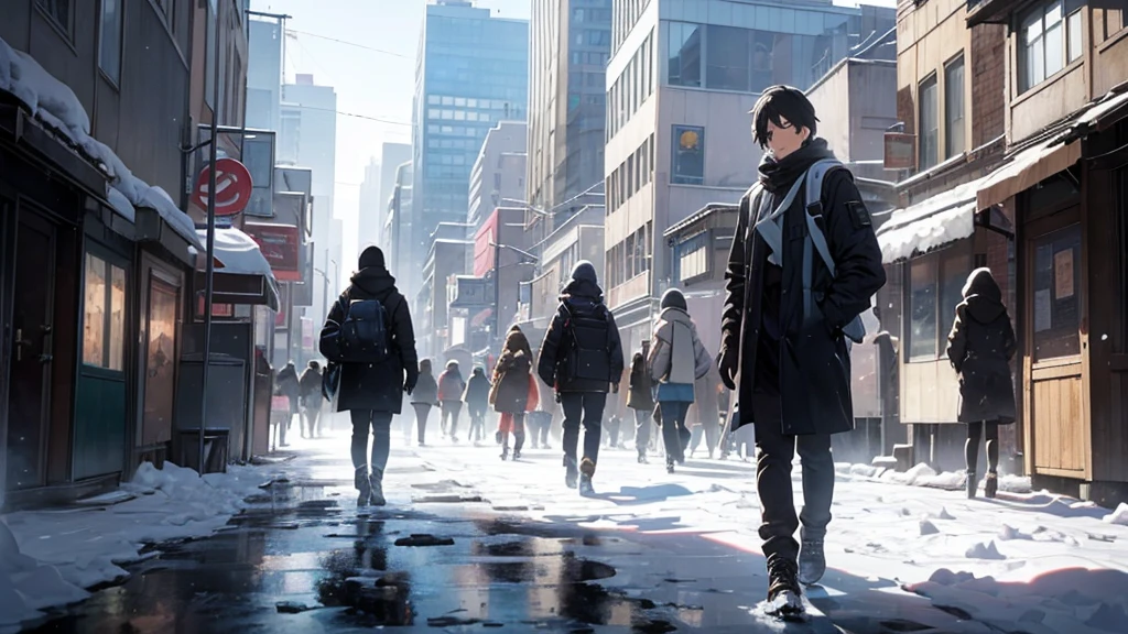 Main Scene: The protagonist should be prominent in the front, perhaps with a determined or curious expression.
People in the Background: Several people in the background, in the background, to convey the idea of a busy city.
Ice City: Make sure the surrounding city is clearly covered in ice, perhaps with buildings, trees, or urban features covered in snow and ice.
Colors and Contrast: Use cool colors like blue and white to give the feeling of cold and ice. Contrast the protagonist in some way to make him stand out from the background.
Size and Composition: Ensure that the protagonist is the largest element in the thumbnail and is positioned centrally or in a way that draws attention.