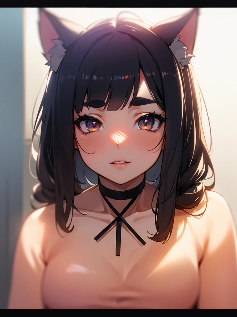 (Sumilux f1.4 50mm , low Latitude old color negative film , cross process , bokeh, flare, chromatic aberration , soft focus, (Shallow focus) , soft glow , Maximum aperture, low Key , Transparent depiction)  , kawaii horror style , hentai girl , (Thick thighs) ,  (Short stature) , (blunt bangs , hanging down the back long hairstyle ) , (round maro eyebrows) , glossy lips , closeup mouth , Canine , portrait photo , erotic mouth