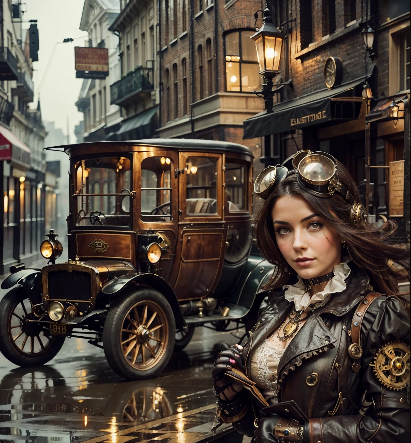 A beautiful and lovely steampunk woman in front of a vintage steampunk car on a steampunk street London 10 wet and foggy the buildings and cars are stempunk style