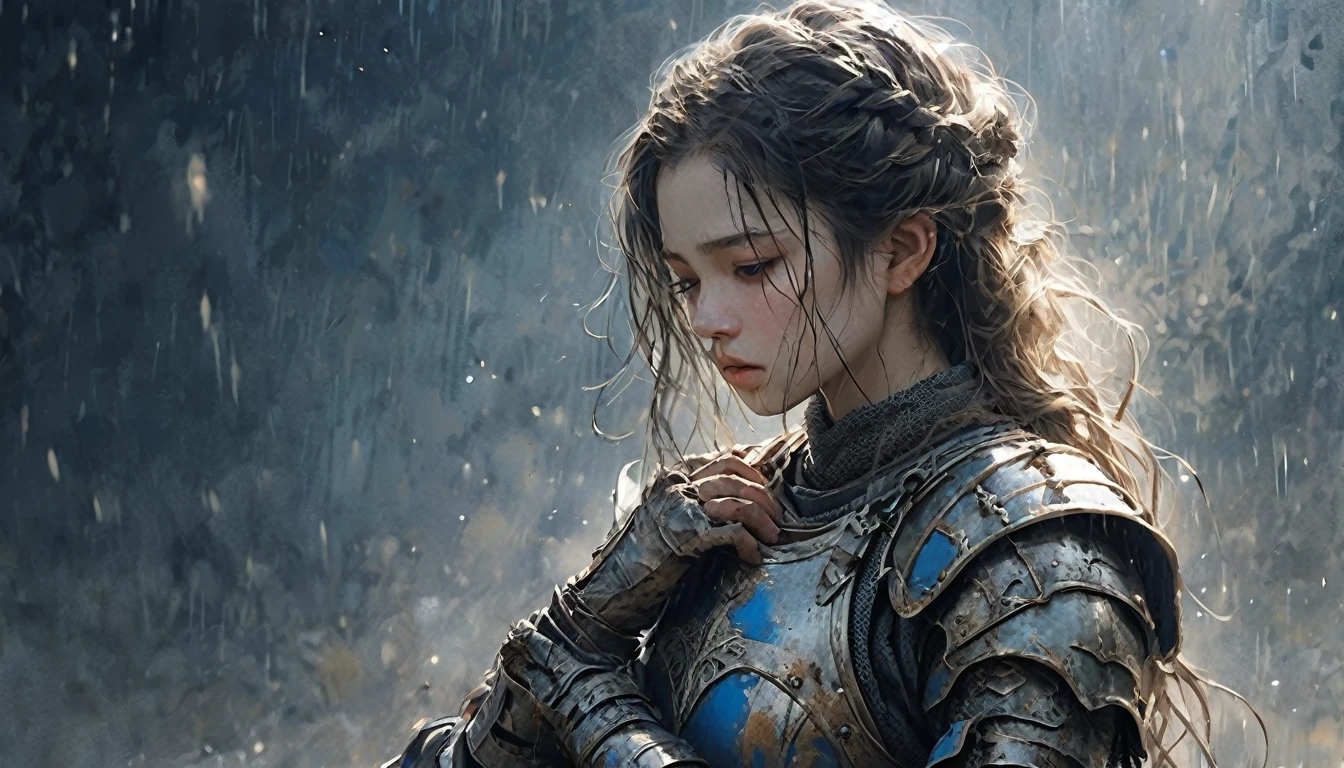 rain、right ,prayer, 　middle ages　Europe, きれいな女knight, Sad look, Faded elegance,　Waiting for the return , rainに打たれながら祈る , A poignant atmosphere, Lost Beauty, Melancholic mood, Fascinating, Eternal Sadness, Contrasting, Delicate Decay,Line art,Backlight,Wind,Backlight,Stardust,(Wind:1.2),knight,Blue Blood, Mud and Blood , Fingers are both methods５Book, Woman warrior,A heartbreaking war story,Field
