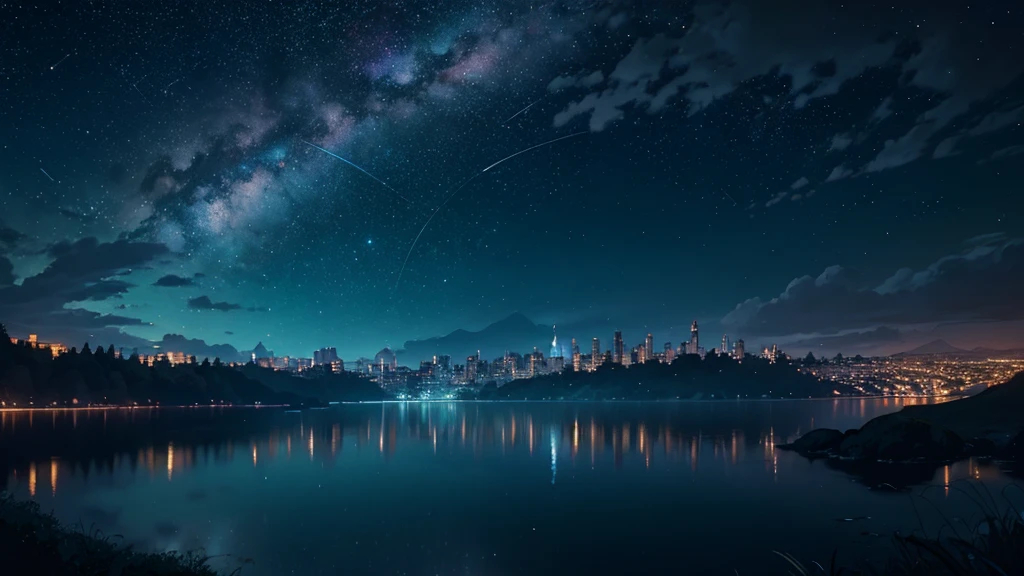 night city during festivities they have lights that shine like stars and leaves that change color according to the moonlight. A central clearing reveals a lake that reflects a starry sky where constellations move and change Creatures like giant fireflies and pensive in the scene, while a great shooting star lights up the sky. Smooth and ethereal animation style, with a palette of soft and nocturnal colors: dark blues, luminous greens and stellar pinks. . The atmosphere is magical and dreamy. masterpiece, ultra detailed, 8k