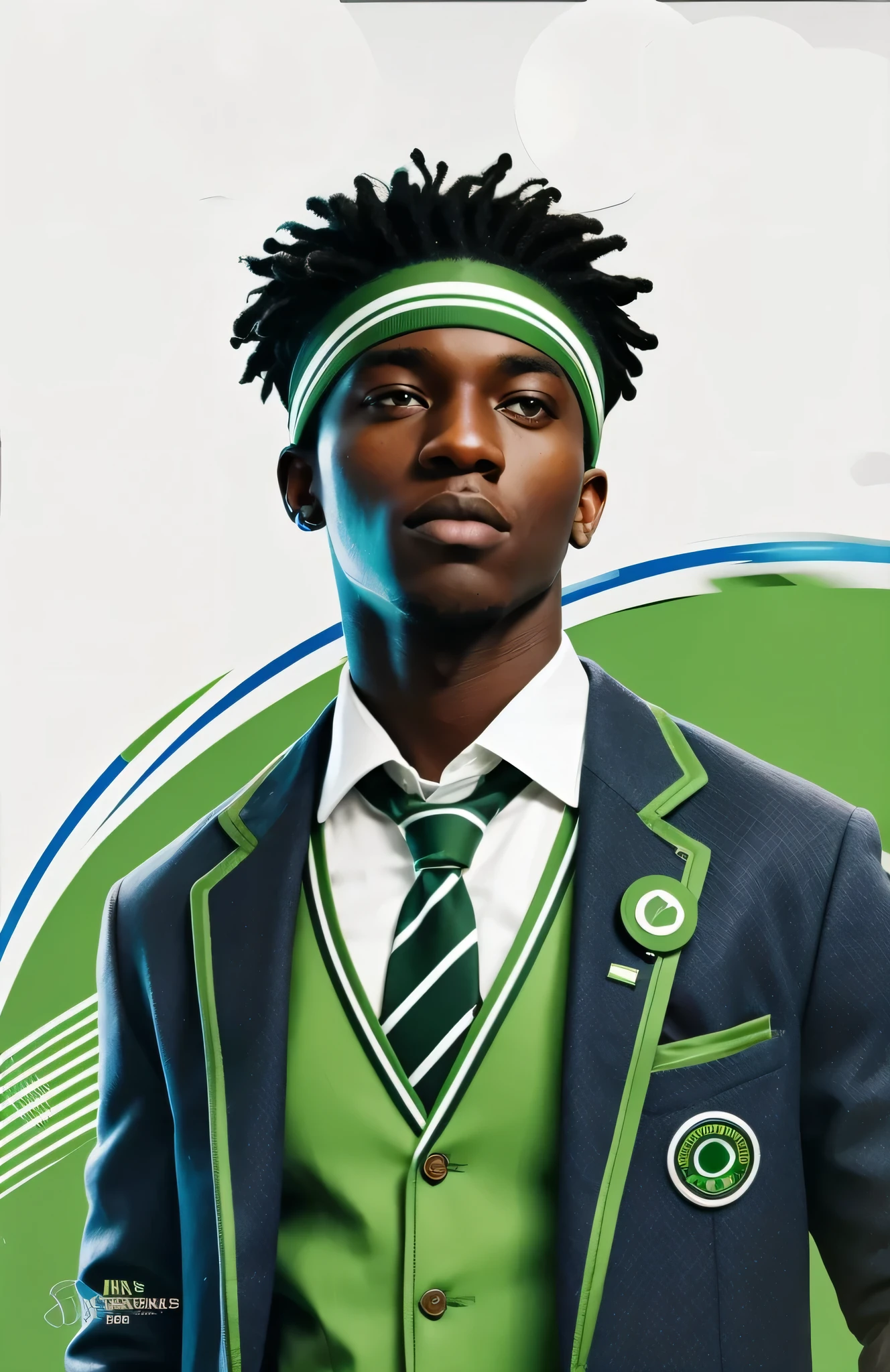 African male university with short dreads and a gym headband, wearing a university uniform with a dark green/grey-ish suit jacket with green elements and a green suit vest, a white shirt and a brownish tie.