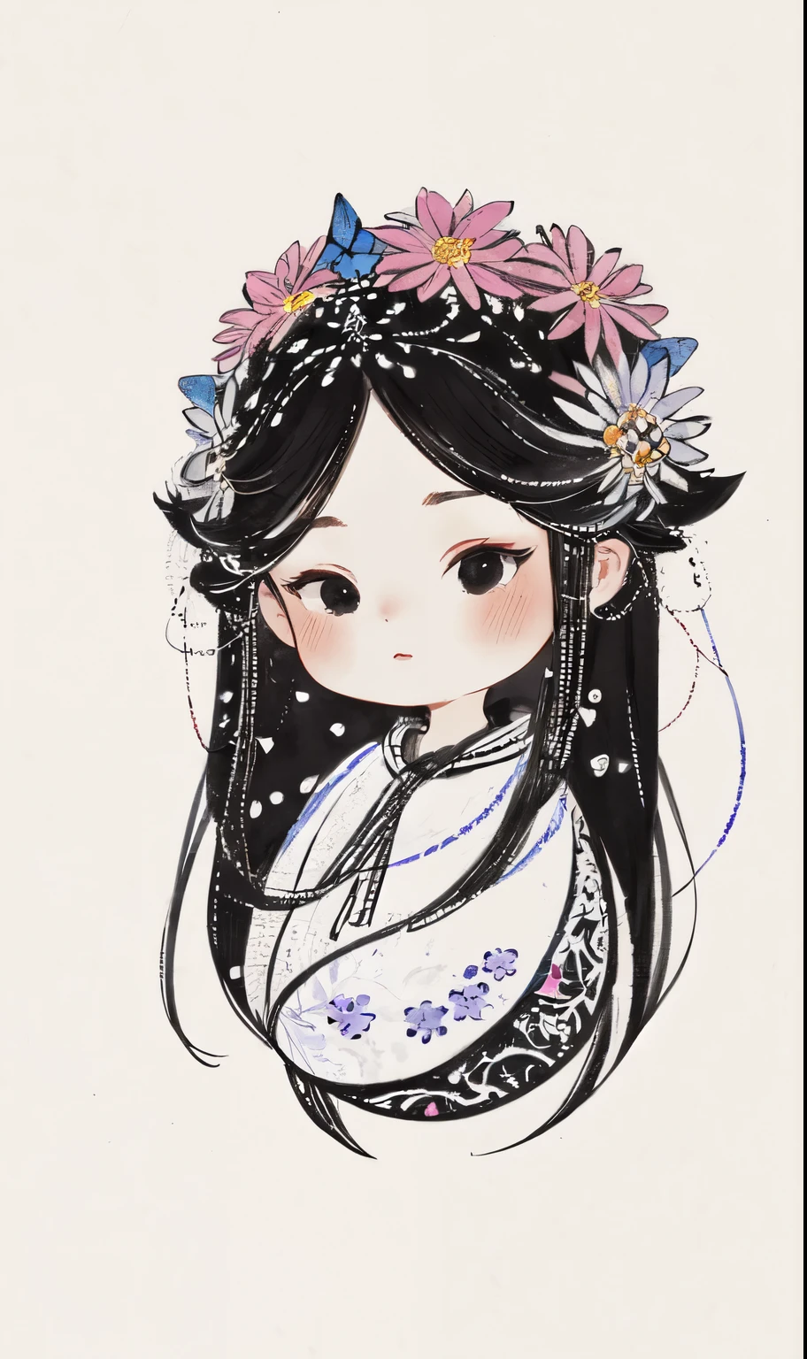 chibi ink painting, 1girl,black eyes,long hair,super precise depiction, (flowers),multiple colors,high definition,Rich in intricate details,((masterpiece)), ((best quality)), 8k, high detailed, ultra-detailed,  sharper lines , white background,dark purple color tones, 