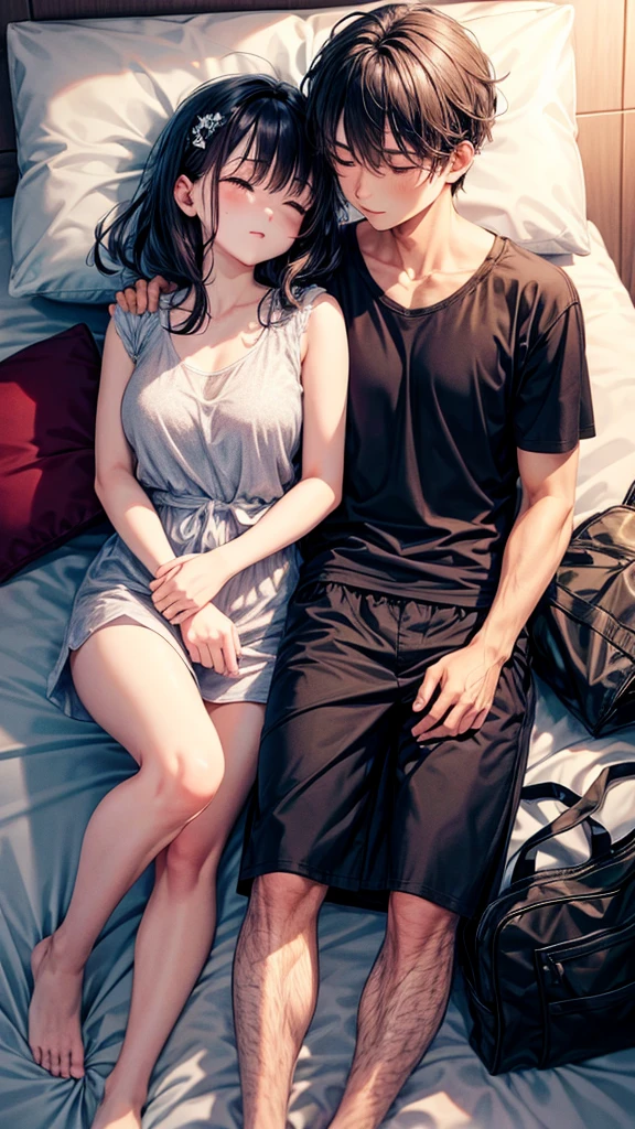 A couple is sleeping at home. The couple is wearing short clothes. It is night.