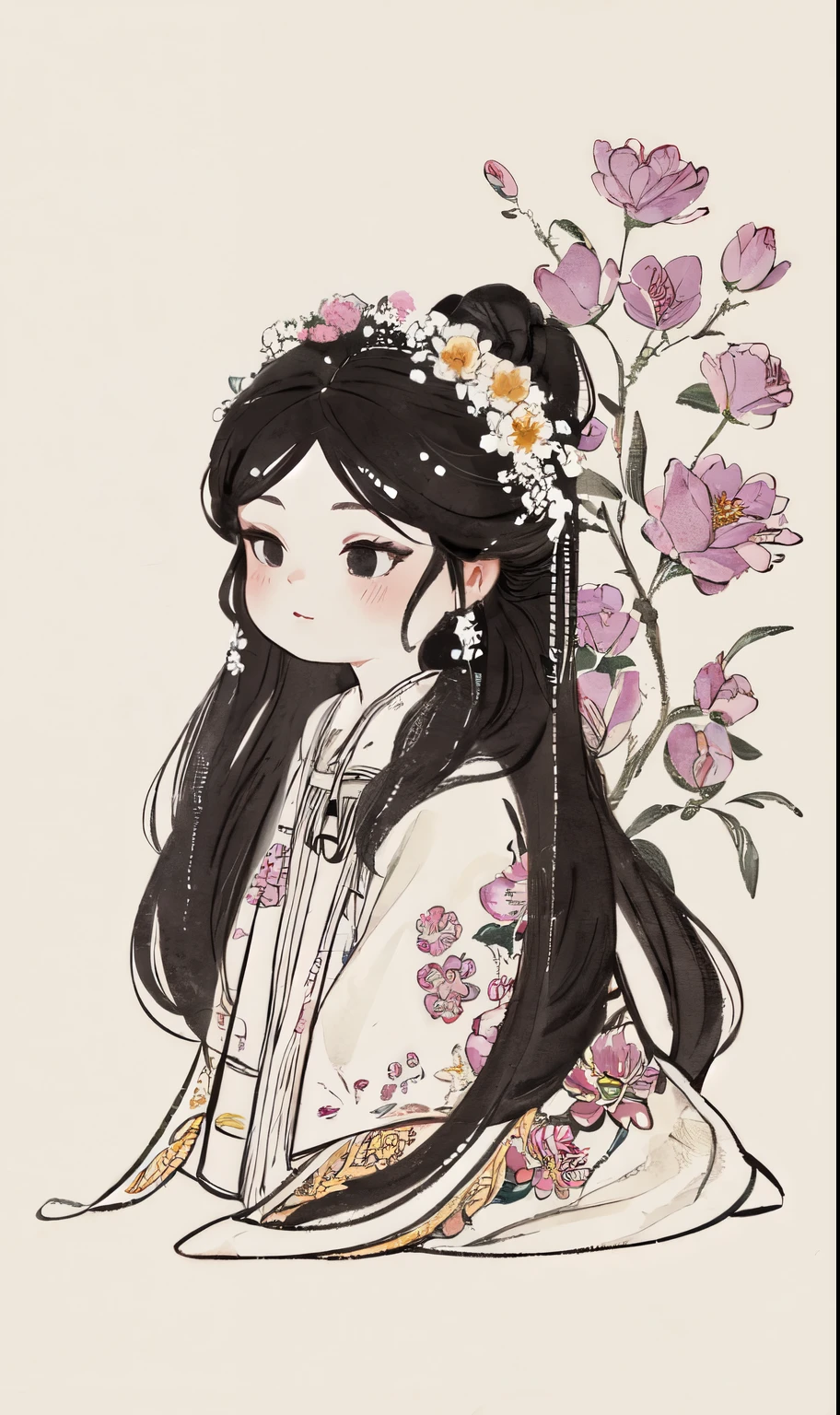 chibi ink painting, 1girl,black eyes,long hair,super precise depiction, (flowers),multiple colors,high definition,Rich in intricate details,((masterpiece)), ((best quality)), 8k, high detailed, ultra-detailed,  sharper lines , white background,dark purple color tones, 