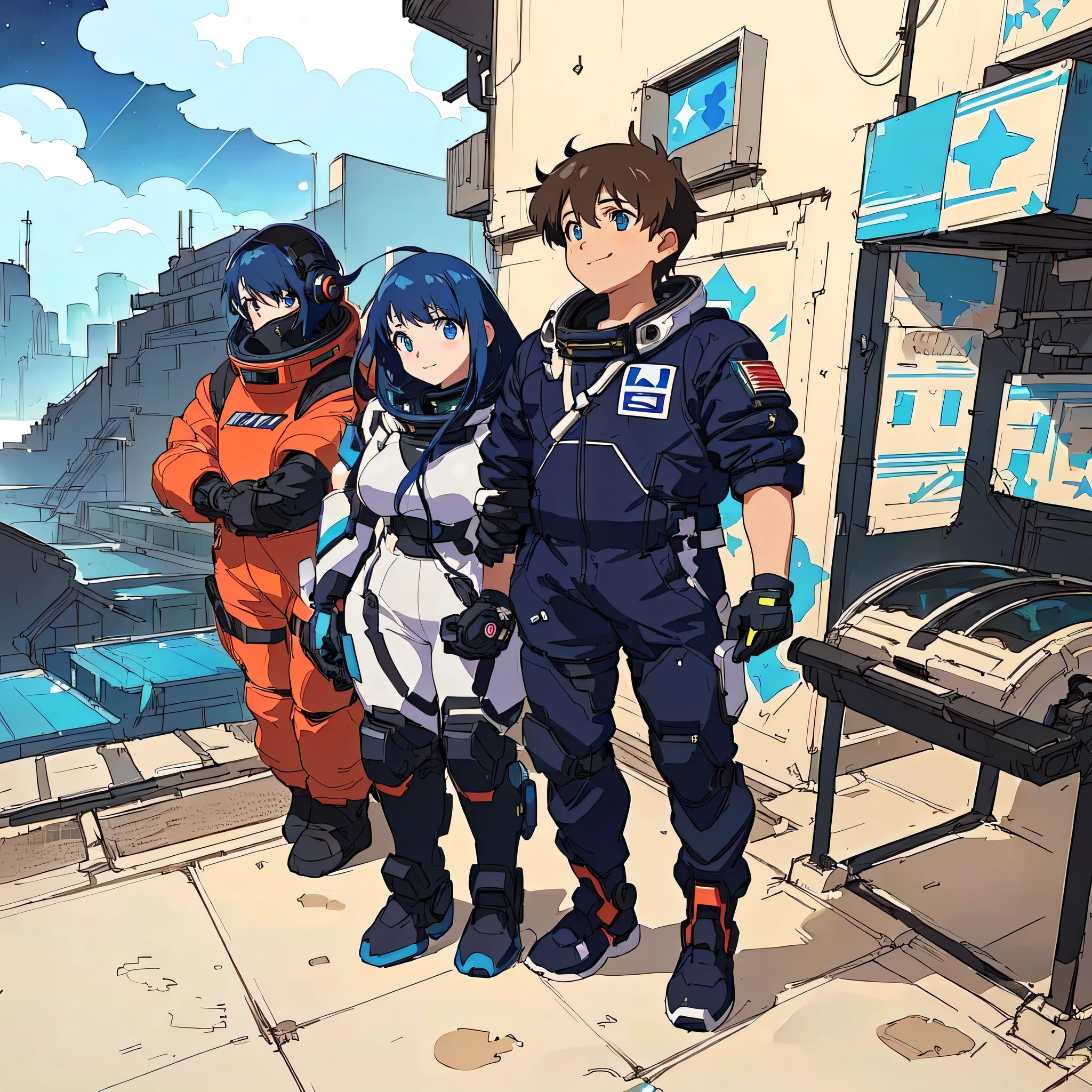 anime characters standing in front of a building with a view of a city, modern sci-fi anime, sci-fi anime, sci fi anime, portrait anime space cadet girl, planetes, sci-fi illustrations, sci - fi illustrations, in the art style of 8 0 s anime, space high school, makoto shinkai and bioware, wear spacesuits(masterpiece, best quality, ultra-detailed:1.3), 1girl, arms behind head, (smile:0.5) edgPetal, a woman wearing a black dress made of flower petals, wearing edgPetal, garden background, dimly lit BREAK (long blonde hair), mid parted hair