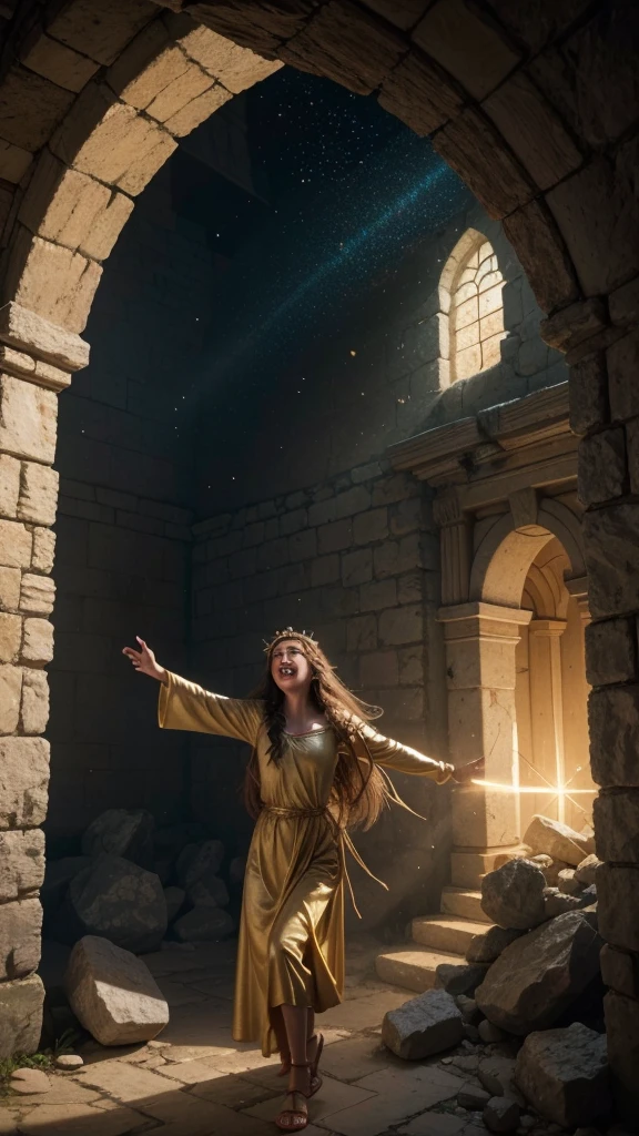 Create a Disney-style 3D animated illustration of the resurrection of Jesus, based on the Bible. Depict Jesus emerging from the empty tomb with a radiant, triumphant expression. The scene should show the stone rolled away from the entrance of the tomb, with beams of bright, golden light illuminating the area. Include angelic figures in the background, celebrating the miraculous event. Show Mary Magdalene and other followers with expressions of awe and joy as they witness the resurrection. Use vibrant, uplifting colors and dynamic, glowing effects to convey the excitement and divine significance of this moment, emphasizing the victory over death and the promise of new life.