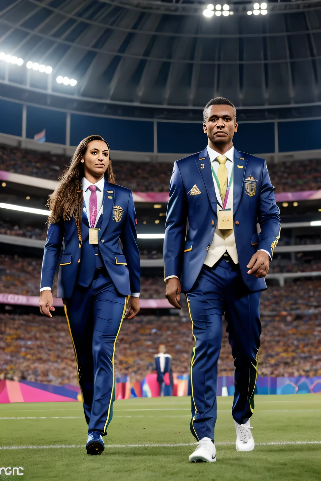 10 Brazilian athletes walking around a stadium in formal uniforms at an opening ceremony of the 2024 Olympic Games, ultra realistic full body image. The style is realistic photography using a 50mm lens in 8k --ar 16:9 --s 1000