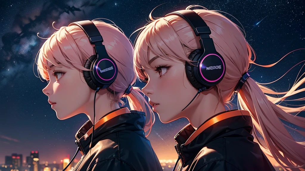 A girl in profile with "headphones", listening to music in the "headphones", looking up at the night sky full of stars and meteors, with a gradient of colors that ranges from dark blues to warm tones such as pink and orange. The girl's hair is being blown by the wind and she is wearing a warm jacket. The scene conveys a feeling of calm and contemplation, gibli animation studio, praise, details in the look, clear and detailed eyes