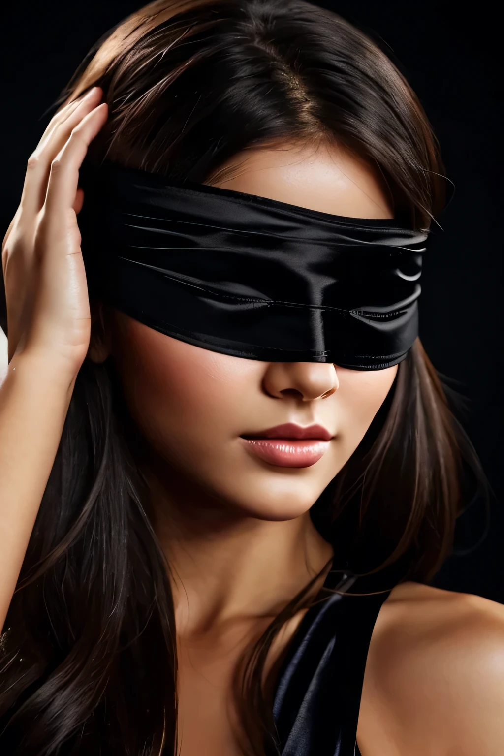 beautiful woman, young, beautiful hair, blindfolded, cloth covering her eyes, realistic woman with full lips, sexy face, dark background, sexy ,with eyes covered by a satin blindfold