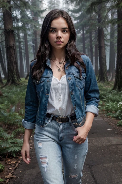 Bailee Madison, Gracia Russell, Teen Wolf, teenager, , long messy black hair, black eyes, white blouse with flower print, blue jean jackets, blue jean pants, black belt, black boots, silver necklace with a heart, forest background dark with fog