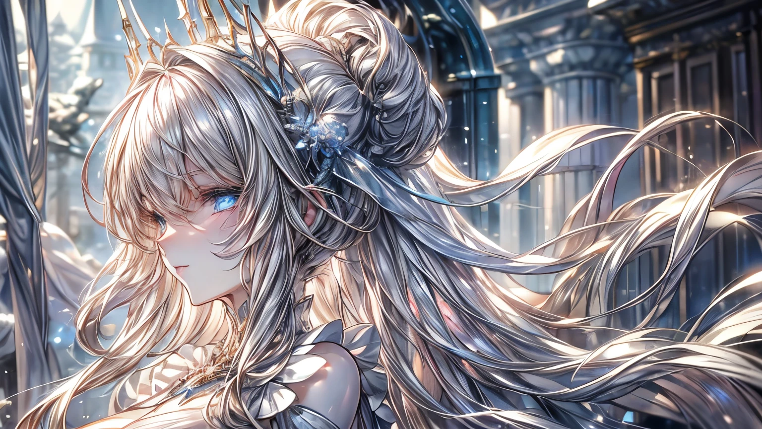 White hair girl, beautiful detailed eyes, pale skin, flowing white hair, elegant pose, fantasy setting, soft lighting, ethereal atmosphere, mesmerizing gaze, delicate features, porcelain-like complexion, long white hair cascading down her back, intricate braids adorned with flowers, silver crown on her head, sparkling snowflakes falling around her, snow-covered landscape, shimmering blue dress, graceful movement, dreamlike aura, enchanting beauty, enchanted forest, surreal color palette, delicate snowflakes melting on her fingertips, frozen breath in the air, winter wonderland scenery, magical glow surrounding her, serene expression, captivating presence, subtle hints of blue and silver, soft rays of sunlight filtering through the trees, tranquility and peace in her presence, icy blue eyes reflecting the beauty of her surroundings, dreamy and otherworldly atmosphere, a touch of mystery, artistic masterpiece, high resolution details, stunning portrait, portrait in a fairytale world.