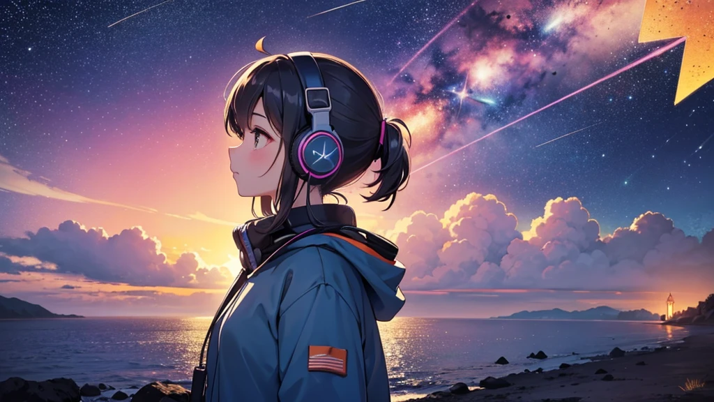 A girl in profile with "headphones", listening to music in the "headphones", looking up at the night sky full of stars and meteors, with a gradient of colors that ranges from dark blues to warm tones such as pink and orange. The girl&#39;s hair is being blown by the wind and she is wearing a warm jacket. The scene conveys a feeling of calm and contemplation, gibli animation studio, praise, details in the look, clear and detailed eyes

