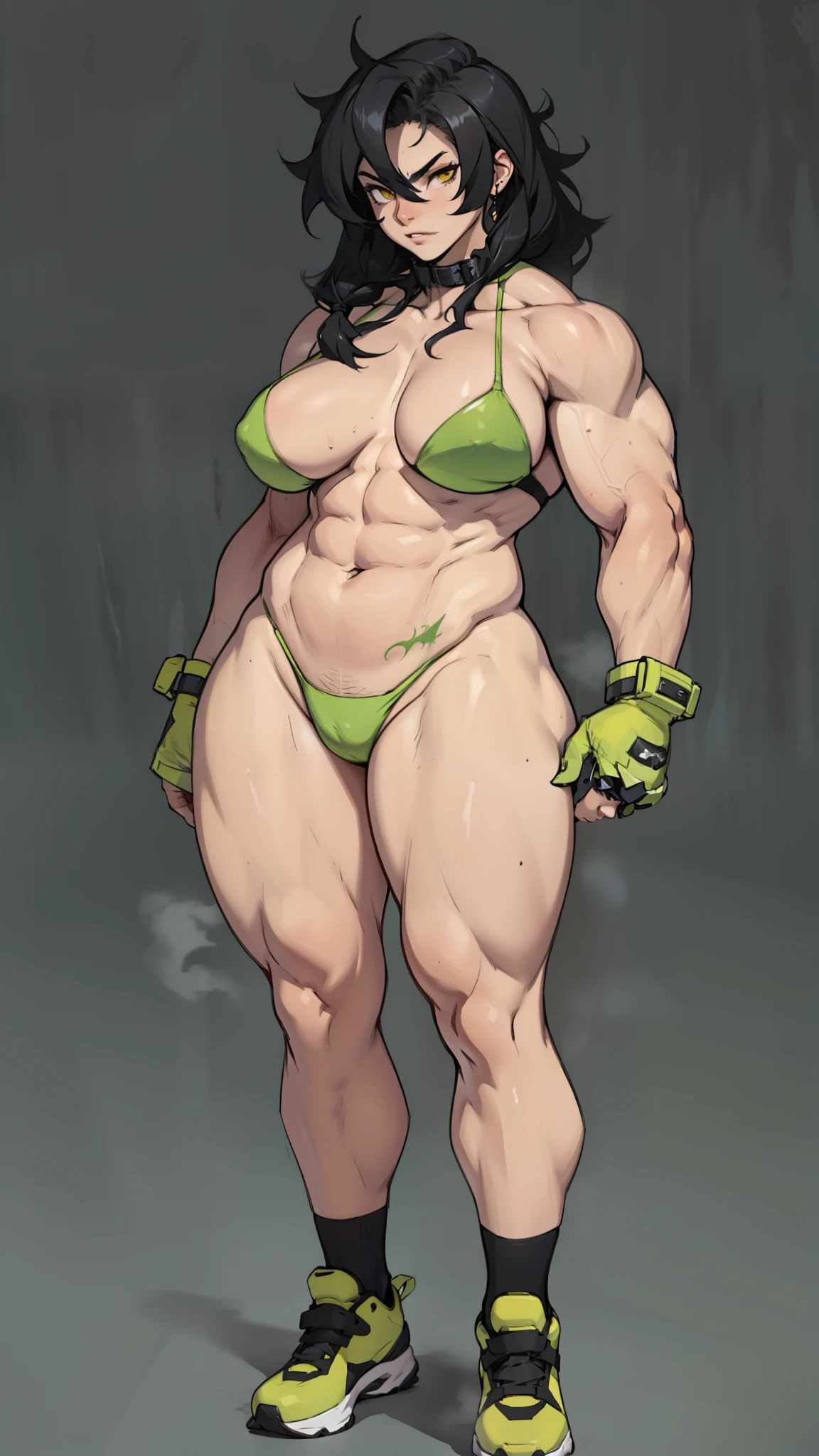 girl huge muscles breasts huge thighs breasts black hair yellow eyes pale full body