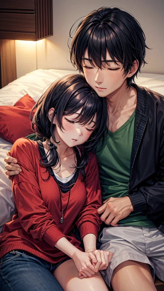 A couple is sleeping at home. The couple is wearing short clothes. It is night.