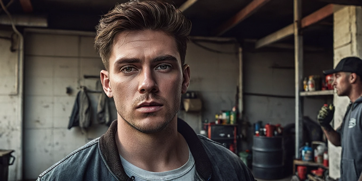 (man with brown hair, mid fade hairstyle, white skin, holding poison, wearing inappropriate clothing for pest control, in a dirty garage with insects and rats, realistic, photorealistic, photo-realistic:1.37), ultra-detailed, (best quality,4k,8k,highres,masterpiece:1.2), detailed face, detailed eyes, detailed nose, detailed lips, dramatic lighting, moody atmosphere, gritty, rugged, grunge, industrial, cinematic