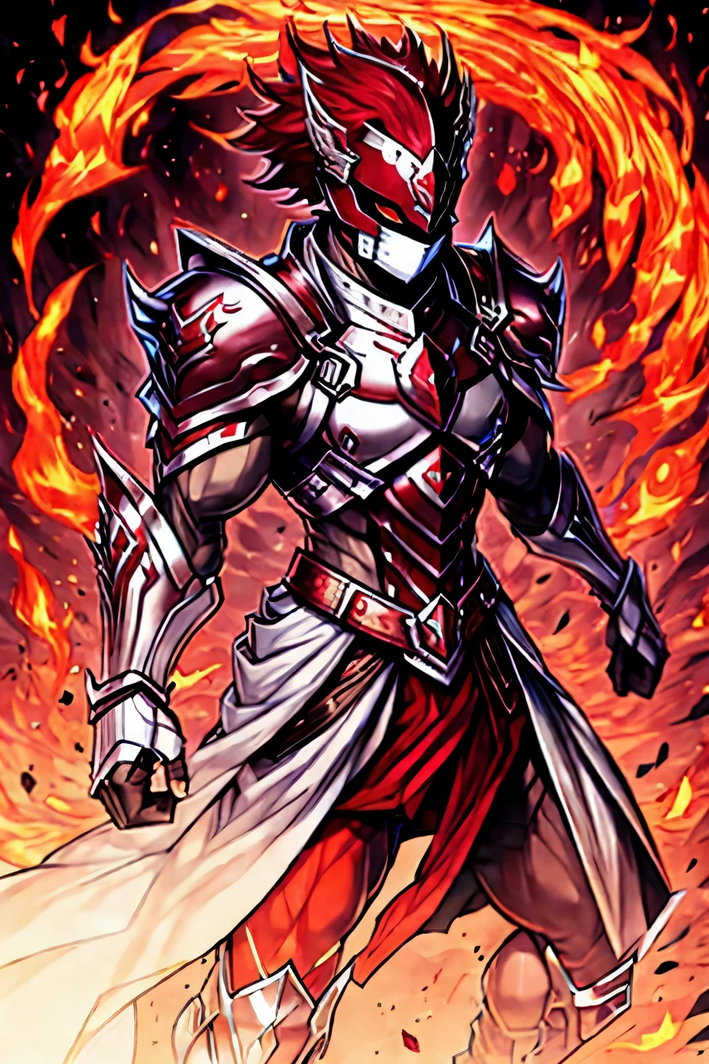 Silver male masked warrior overflowing red crimson flame power 