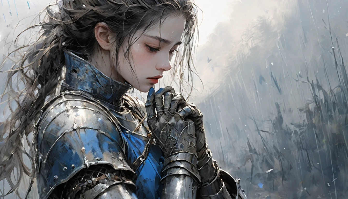 rain、right ,prayer, 　middle ages　Europe, きれいな女knight, Sad look, Faded elegance,　Waiting for the return , rainに打たれながら祈る , A poignant atmosphere, Lost Beauty,Melancholic mood, Fascinating, Eternal Sadness, Contrasting, Delicate Decay,Line art,Backlight,Wind,Backlight,Stardust,(Wind:1.2),knight,Blue Blood, Mud and Blood , Fingers are both methods５Book, Woman warrior,A heartbreaking war story,Field
