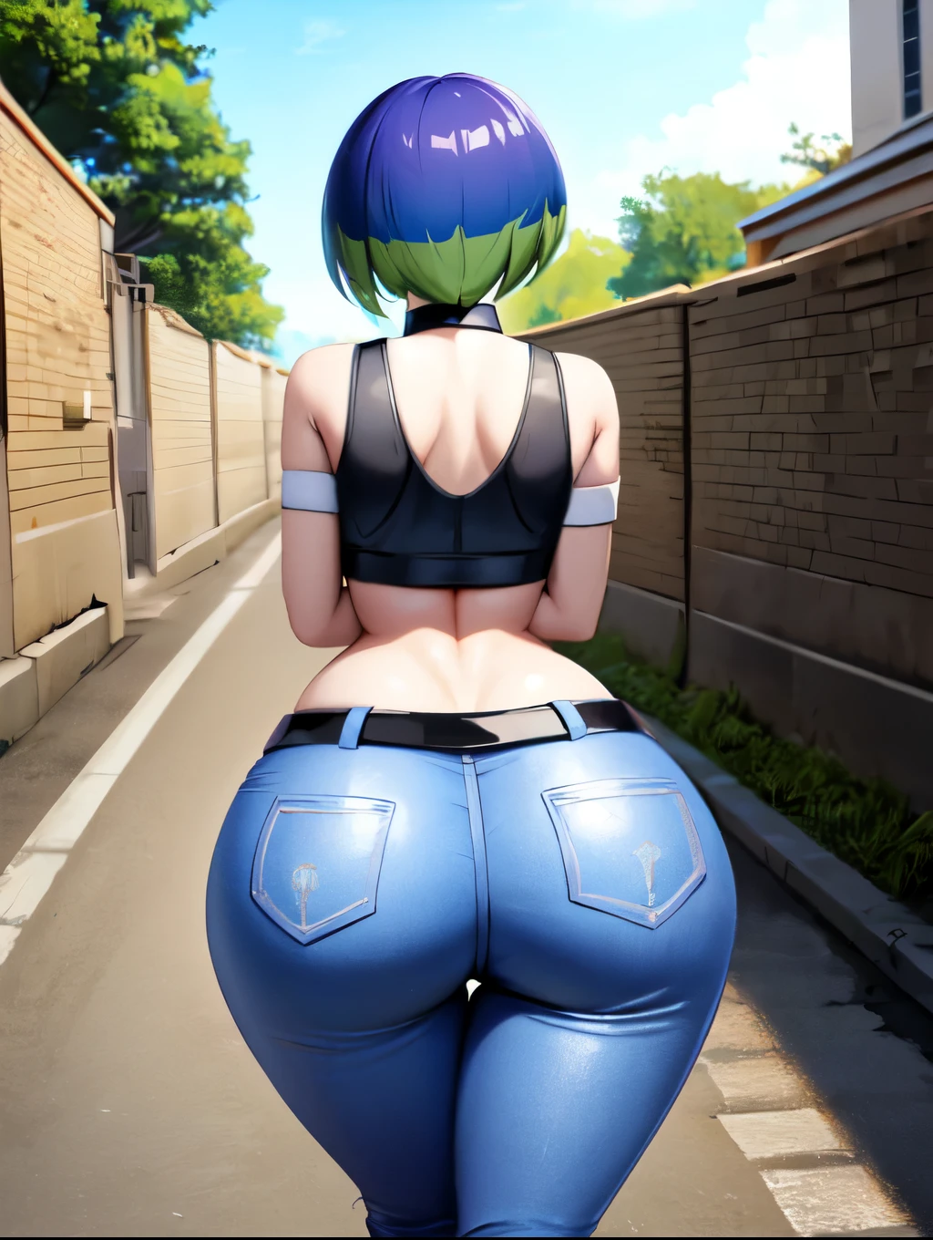 (masterpiece, best quality:1.2), highres, solo, 1girl, perrin, walking, crop top, pants, choker, belt, midriff, city street, cowboy shot, large breasts, thick thighs, huge ass, skindentation, back view, outdoors