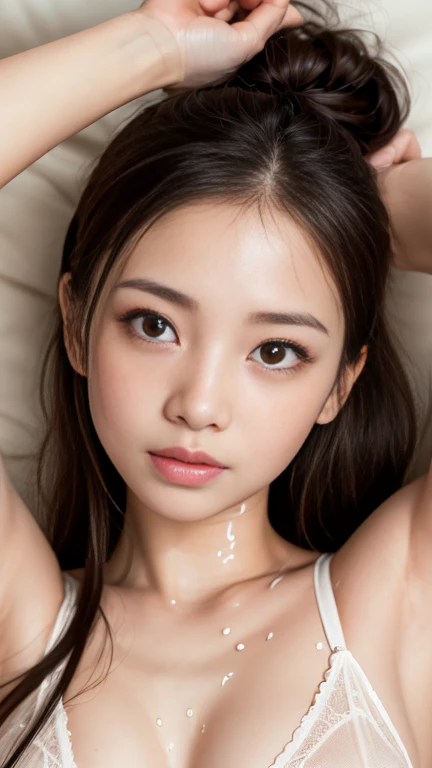 Highest quality,masterpiece,Ultra-high resolution,(Realistic:1.4),One girl,shoulder,Charm,Detailed eye resolution、Put your hands up high、(negligee、Cream on the face、Face wet with sweat、Sweat flowing between her breasts)、angle from above、forehead、ponytail、blush、embarrassed 、erect nipples、naughty face、Look Up:1.4、freckles、Armpits、Bedroom、
